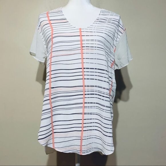 Calvin Klein Jeans Top Sheer V Neck Short Sleeved Stripes Hi Lo Blouse Small - Picture 1 of 7